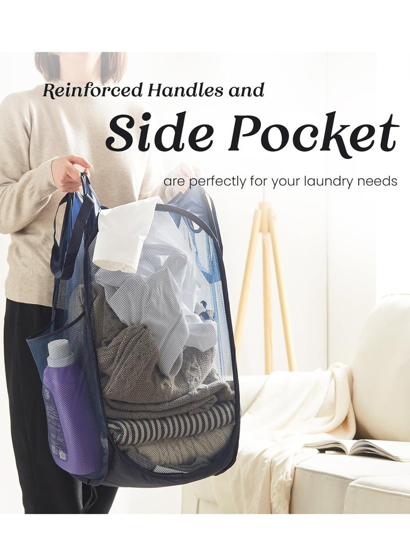 راكسوم سلة غسيل شبكية قابلة للطي مع مقابض متينة وجيب جانبي - سلة ملابس محمولة قابلة للطي للاستخدام في السكن الجامعي والحمام وتخزين السفر (أزرق) - Image 4