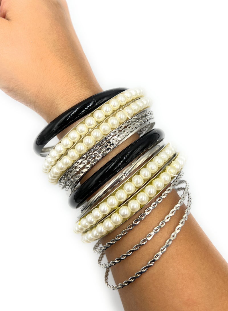 14 Pcs Faux Pearl Beaded and Silver Metal Bangle Bracelet Set, 8cm, for Women Girls Fashion Accessories Jewelry, Black White, Indian Bollywood - Image 4