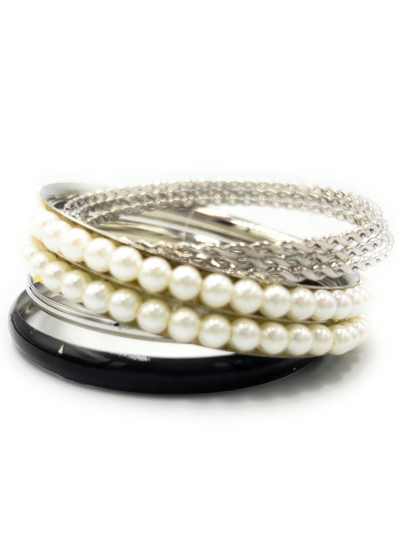14 Pcs Faux Pearl Beaded and Silver Metal Bangle Bracelet Set, 8cm, for Women Girls Fashion Accessories Jewelry, Black White, Indian Bollywood - Image 1