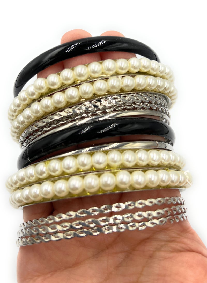 14 Pcs Faux Pearl Beaded and Silver Metal Bangle Bracelet Set, 8cm, for Women Girls Fashion Accessories Jewelry, Black White, Indian Bollywood - Image 2