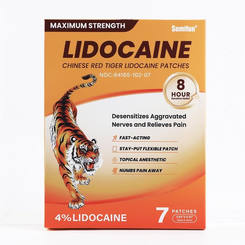 Sumifun Lidocaine Pain Relief Patches  7 Counts Chinese Red Tiger Ultra Strength Pain Patches for Muscule Sore Simple Backaches Joint Pain Topical Analgesic Odor FreeNDC 8416510207 - Image 1