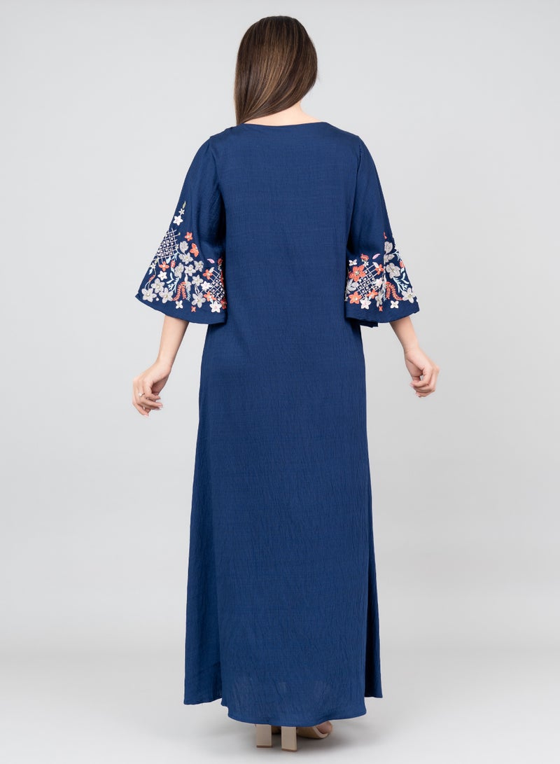 IKKXA Floral Majesty Embroidered Jalabiya IK3006 Blue - Image 4