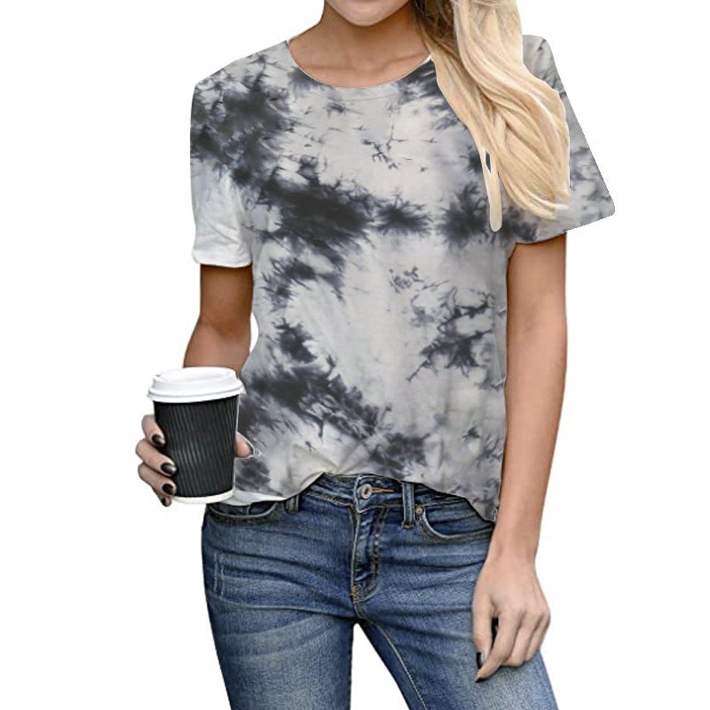 2021 summer wish new T-shirt European and American foreign trade women's top tie-dye positioning printed round neck large size short sleeve T-shirt - Image 1