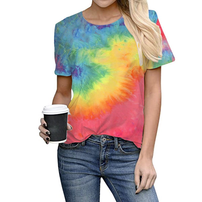 2021 summer wish new T-shirt European and American foreign trade women's top tie-dye positioning printed round neck large size short sleeve T-shirt - Image 4