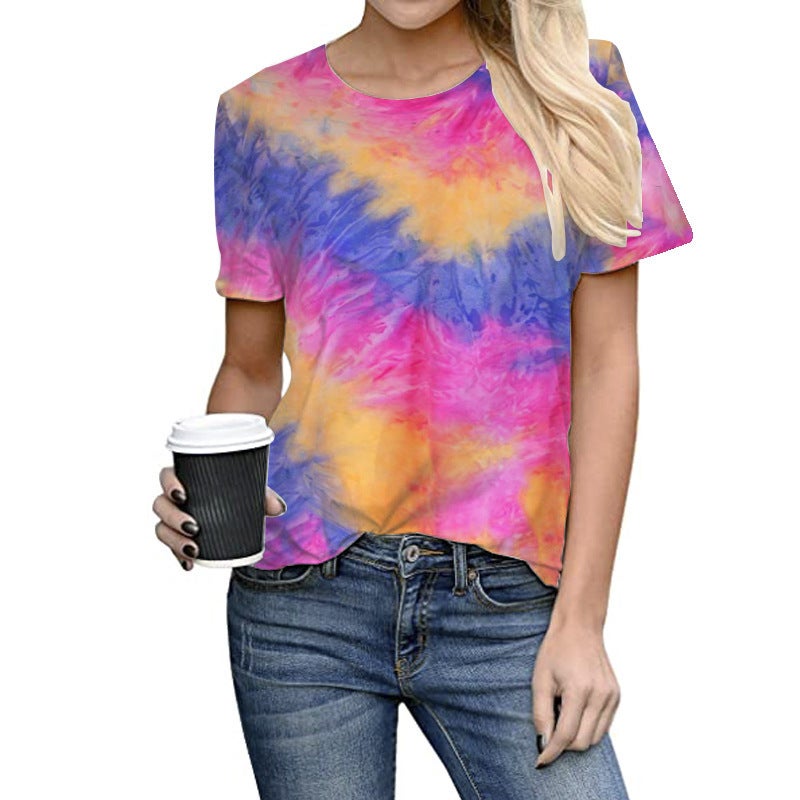 2021 summer wish new T-shirt European and American foreign trade women's top tie-dye positioning printed round neck large size short sleeve T-shirt - Image 2