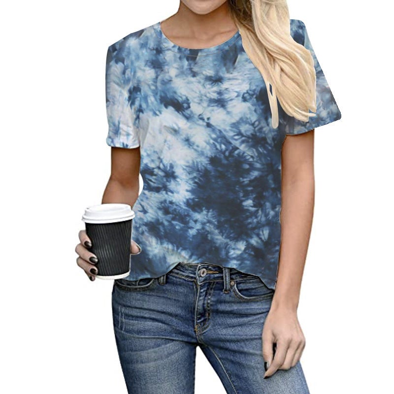 2021 summer wish new T-shirt European and American foreign trade women's top tie-dye positioning printed round neck large size short sleeve T-shirt - Image 3