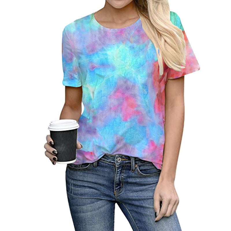 2021 summer wish new T-shirt European and American foreign trade women's top tie-dye positioning printed round neck large size short sleeve T-shirt - Image 5