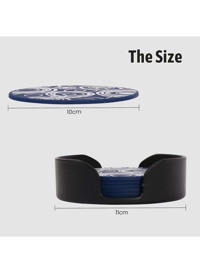 Urbane Home Urbane Home Set of 6 Silicon Coaster with Plastic Holder Stand for Hot Pots - Water Absorbent Tea Cup & Water Glass Cover Top Lid | White Circles - Blue  - Image 3