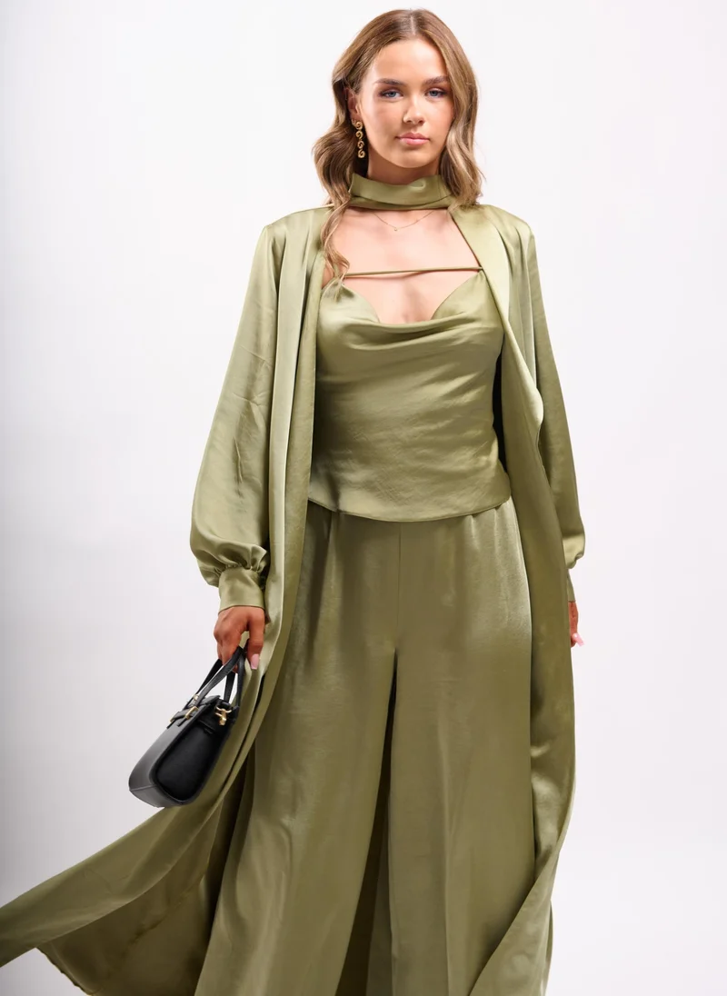 Faia Khaki Khaki Maxi Satin Jacket for Women | Best Price UAE