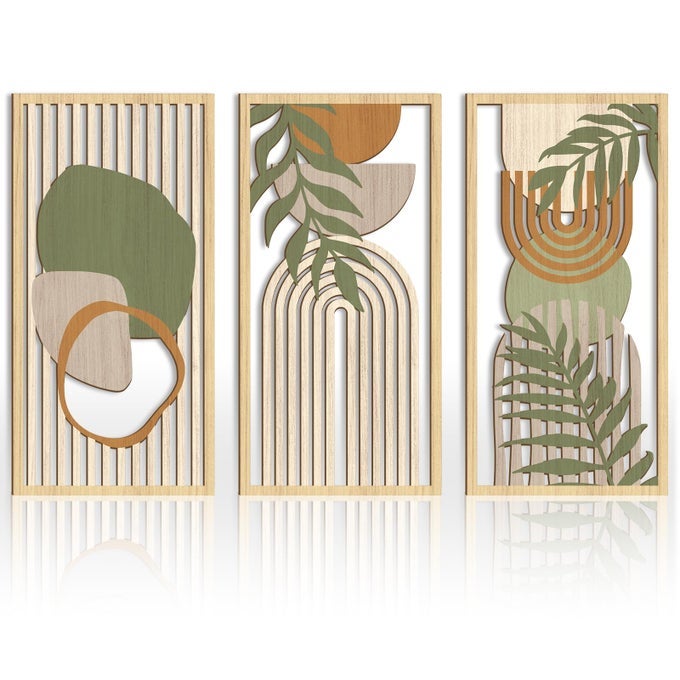 BOHO MIDCENTURY MODERN WOOD WALL ART 16X32 INCH LARGE GREEN ABSTRACT WOOD WALL DECOR MID CENTURY BOHEMIAN ARTWORK FOR BEDROOM LIVING ROOM OFFICE KITCHEN SET OF 3