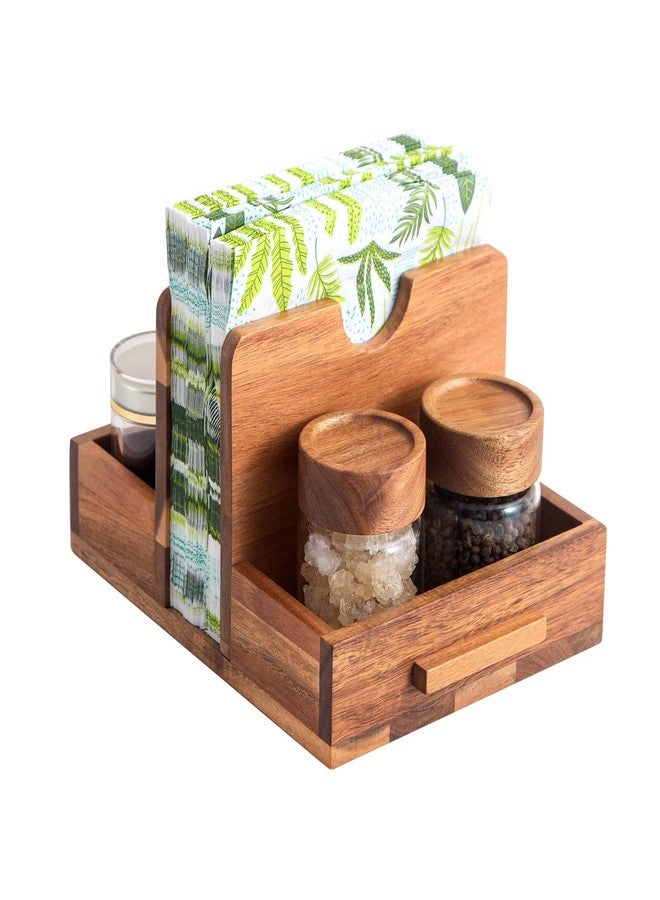 Decent Vrvege Napkin Holder, Napkin Holders with Built-in Salt Pepper Shakers Caddy, Acacia Wood Napkins Dispenser for Dining Table Countertop, Upright Paper Stand - Keep Your Kitchen Tidy & Organized - Image 1