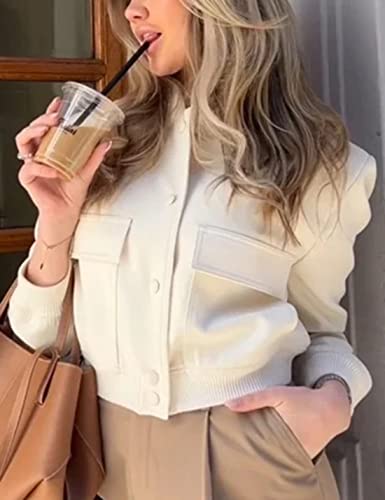 Lumister Women's Fashion Cropped Button Down Lightweight Cropped Bomber Jacket Varsity Shacket with Side Pockets(0605-Beige-XL) - Image 3