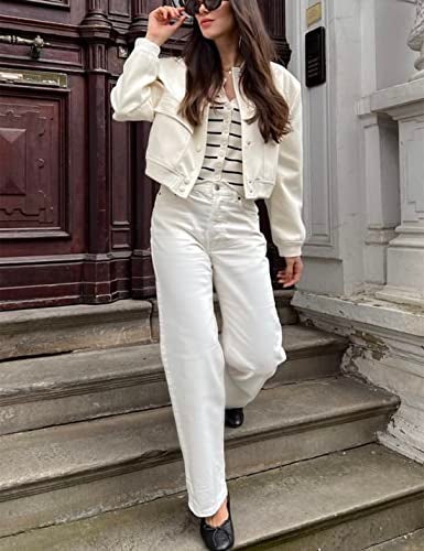 Lumister Women's Fashion Cropped Button Down Lightweight Cropped Bomber Jacket Varsity Shacket with Side Pockets(0605-Beige-XL) - Image 5