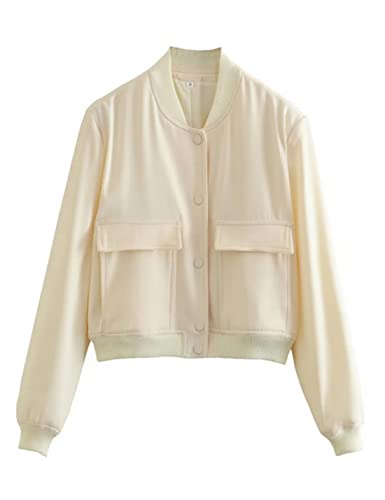 Lumister Women's Fashion Cropped Button Down Lightweight Cropped Bomber Jacket Varsity Shacket with Side Pockets(0605-Beige-XL) - Image 4