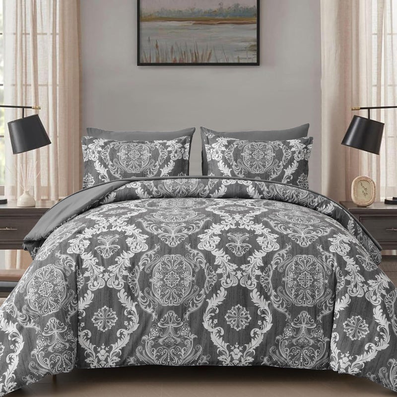 WONGS BEDDING Dark Grey Comforter Set King Size, Damask Texture 7 Pieces Bed in a Bag Microfiber Comforter Bedding Sets -1 Comforter, 1 Flat Sheet, 1 Fitted Sheet, 2 Pillow Shams, 2 Pillowcases - Image 1