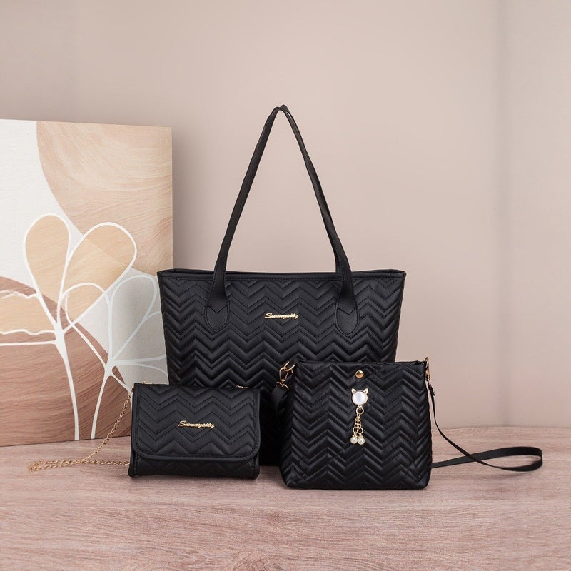 Wave Women'S Crossbody Bag Quilted Decorative Three-Piece Bag Pearl Pendant Cat Shoulder Bag Striped New Women'S Bag - Image 1