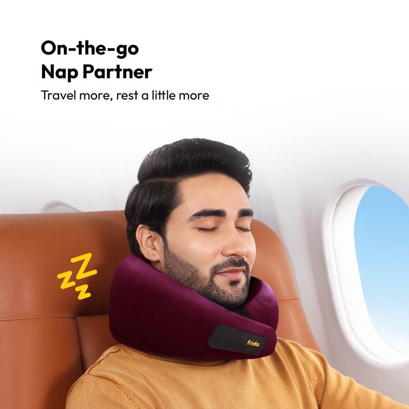 Frido وسادة عنق سفر، 100% فوم هاي-بير، وسادة دعم عنق خفيفة الوزن، وسادة عنق للسفر بالطائرة، وسادة عنق فوم ميموري للسيارة، أحزمة فيلكرو قابلة للتعديل، حقيبة سفر مجانية (نبيذ) - Image 4