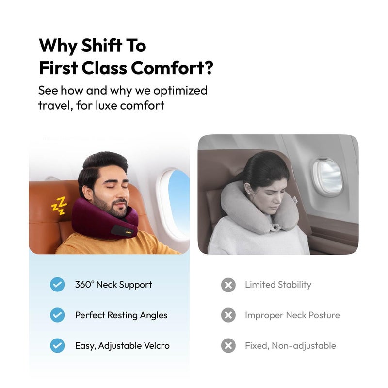 Frido وسادة عنق سفر، 100% فوم هاي-بير، وسادة دعم عنق خفيفة الوزن، وسادة عنق للسفر بالطائرة، وسادة عنق فوم ميموري للسيارة، أحزمة فيلكرو قابلة للتعديل، حقيبة سفر مجانية (نبيذ) - Image 2