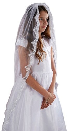 Sacred Traditions Girls Tulle Lace Edge Mantilla First Communion Veil, White, 45 Inch - Image 3