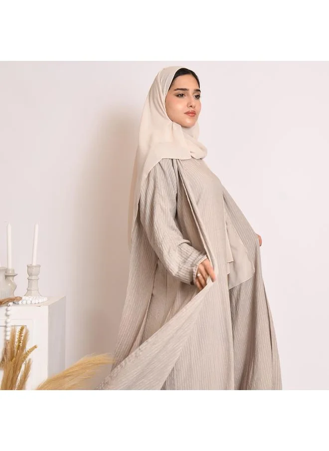 HAWRAA ABAYA Beige quarter-cloche wrap abaya with striped fabric and set dress