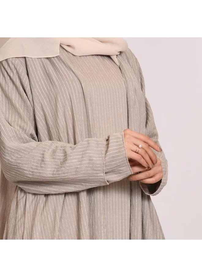 HAWRAA ABAYA Beige quarter-cloche wrap abaya with striped fabric and set dress