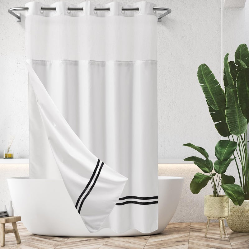 River Dream ExtraLong Shower Curtain with Snap in LinerNo Hooks Needed Shower Curtain for BathroomHotel GradeMachine Washable71 W86 HWhitewith Black Stripe and Magnets