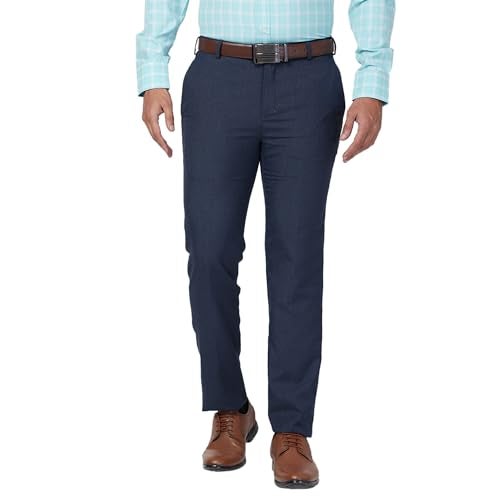 Raymond Men's Slim Fit Solid Pattern Polyester Blend Pleated Formal Mid Rise Trouser (Size: 32)-RMTS05357-B7 Dark Blue - Image 1