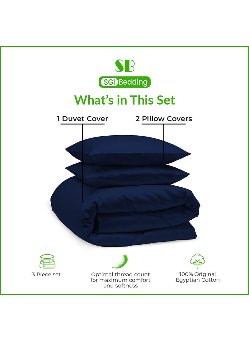 SGI bedding SGI Double Size Duvet Cover with 2 Pillow Covers 600 Thread Count 100 Egyptian Cotton Navy Blue Solid Smooth Comfortable All Season Quilts  - Image 4