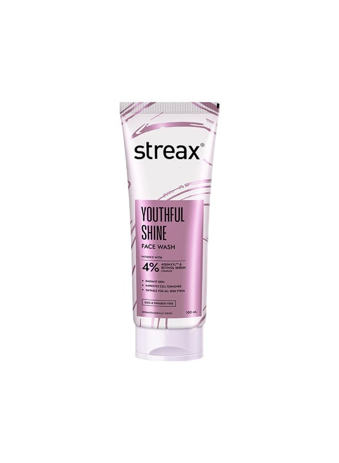 Streax Youthful Shine Anti Ageing Face Wash Cleanser, 100 ml | 4% Aquaxyl & Retinol Serum Complex | Gentle Cleanser For Fine Lines & Wrinkles | Anti-Ageing | For Man & Woman | Daily Use Face Wash | Sulphate & Paraben Free | Dry, Normal & Sensitive Skin - Image 1
