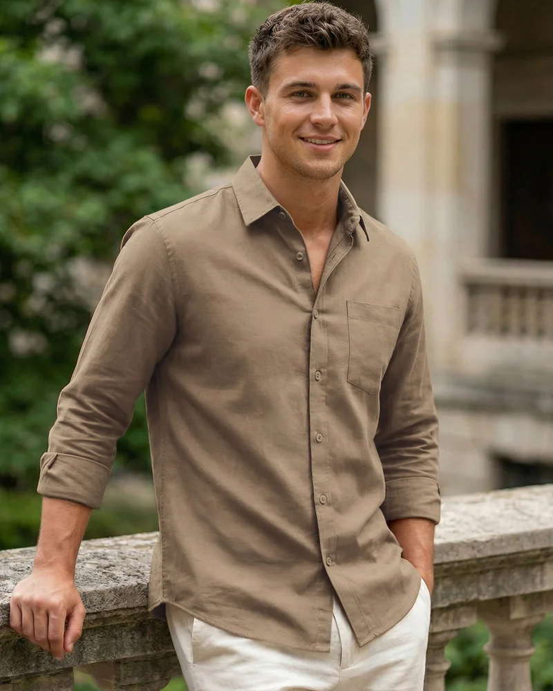 بيواكوف Men's Light Brown Cotton Linen Shirt