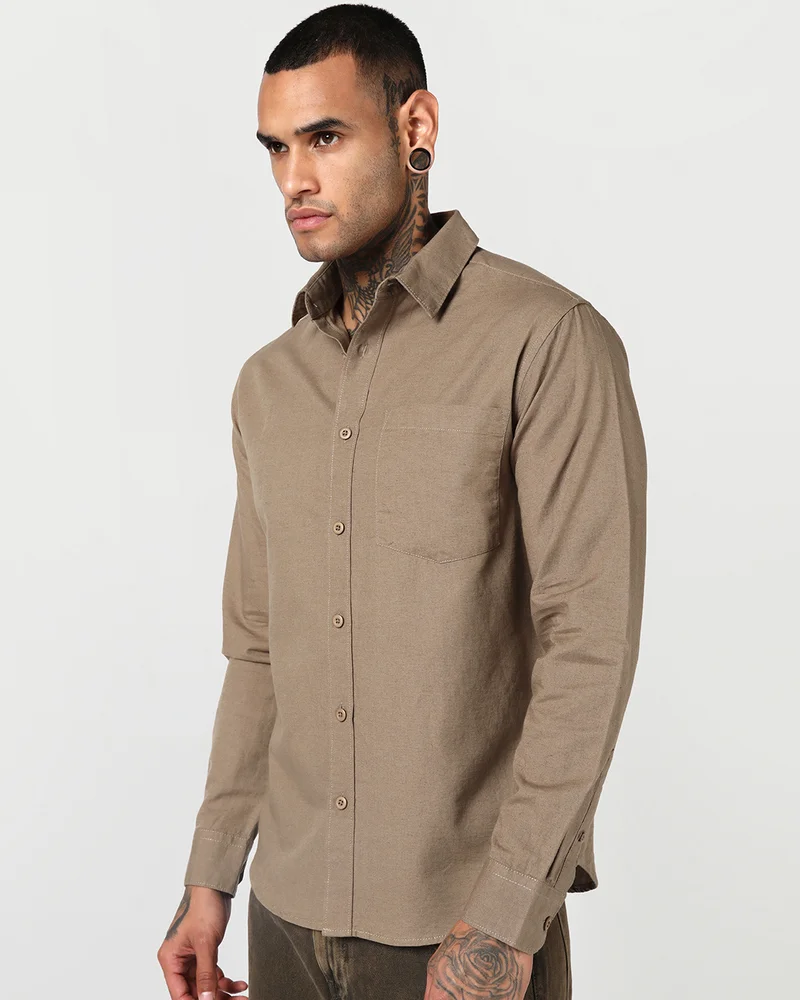 بيواكوف Men's Light Brown Cotton Linen Shirt