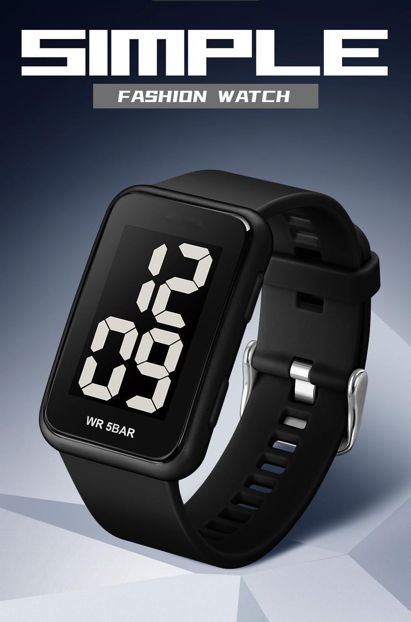 إكسفور ساعة رقمية، ساعة رقمية مربعة للرجال والنساء - ساعة LED مقاومة للماء مع قرص أرقام كبيرة، شاشة مضيئة بإضاءة خلفية EL، عرض التقويم، بسيطة وعصرية للطلاب والمراهقين (أسود) - Image 3