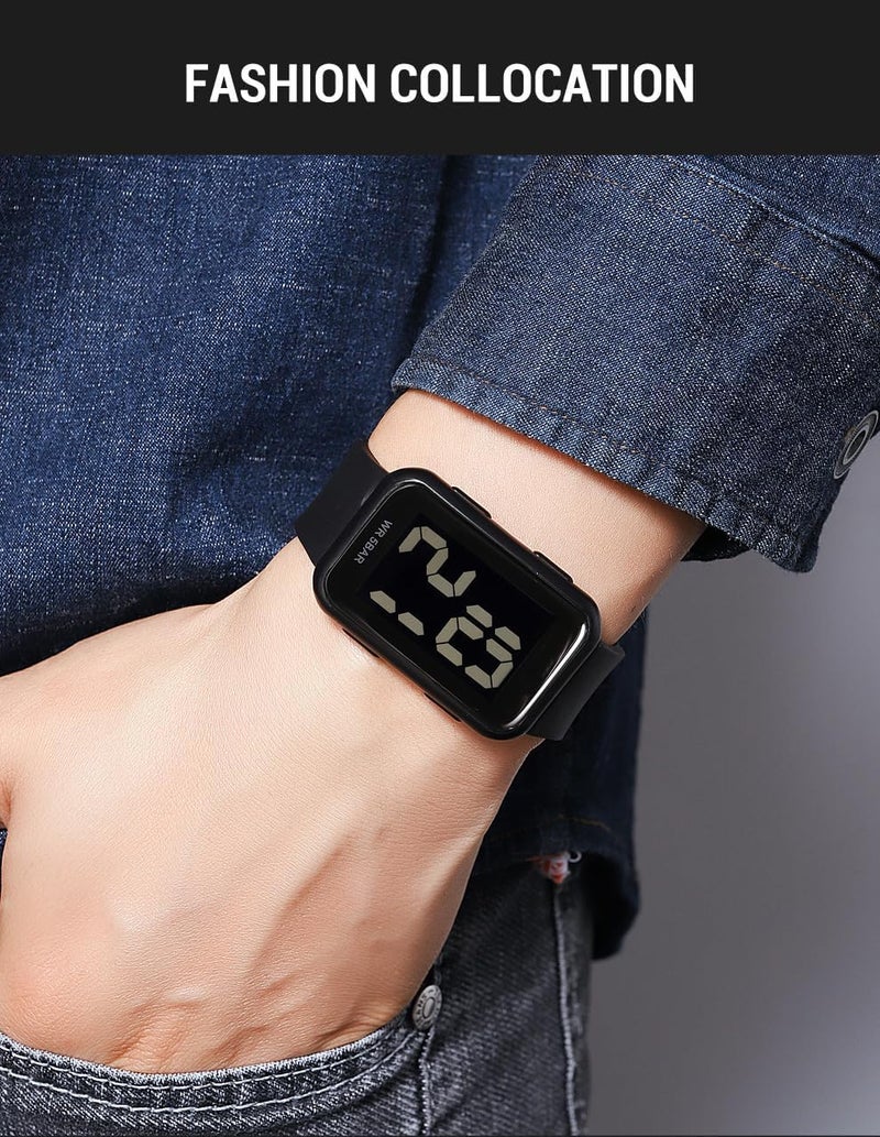 إكسفور ساعة رقمية، ساعة رقمية مربعة للرجال والنساء - ساعة LED مقاومة للماء مع قرص أرقام كبيرة، شاشة مضيئة بإضاءة خلفية EL، عرض التقويم، بسيطة وعصرية للطلاب والمراهقين (أسود) - Image 4