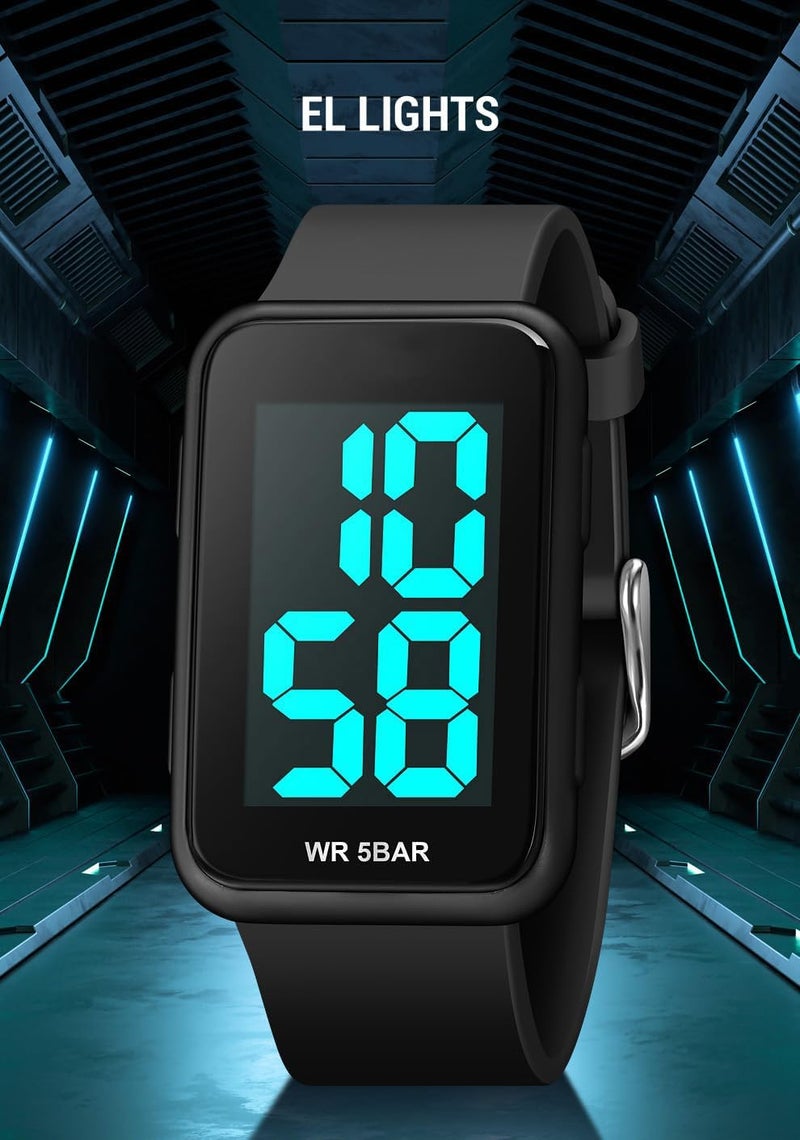 إكسفور ساعة رقمية، ساعة رقمية مربعة للرجال والنساء - ساعة LED مقاومة للماء مع قرص أرقام كبيرة، شاشة مضيئة بإضاءة خلفية EL، عرض التقويم، بسيطة وعصرية للطلاب والمراهقين (أسود) - Image 2