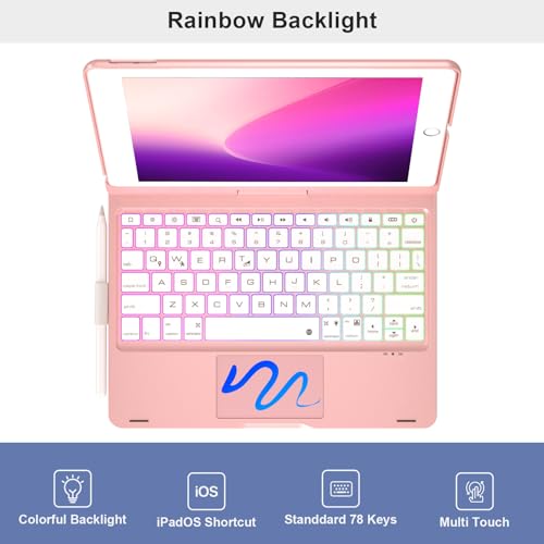 NOKBABO iPad 9th Generation Case with Keyboard, 360° Rotatable Touchpad and 7 Color Backlight & Pencil Holder for iPad 9th/8th/7th Gen 10.2 inch & iPad Air 3rd Gen/iPad Pro 10.5 inch - Pink Gold - Image 4