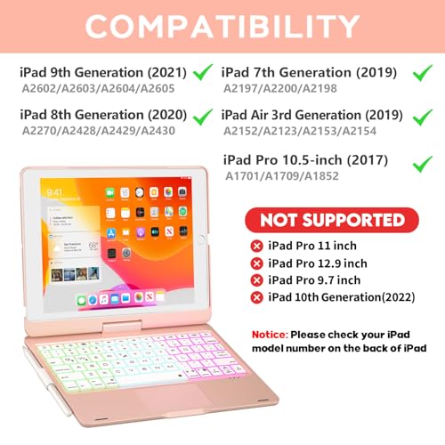 NOKBABO iPad 9th Generation Case with Keyboard, 360° Rotatable Touchpad and 7 Color Backlight & Pencil Holder for iPad 9th/8th/7th Gen 10.2 inch & iPad Air 3rd Gen/iPad Pro 10.5 inch - Pink Gold - Image 2