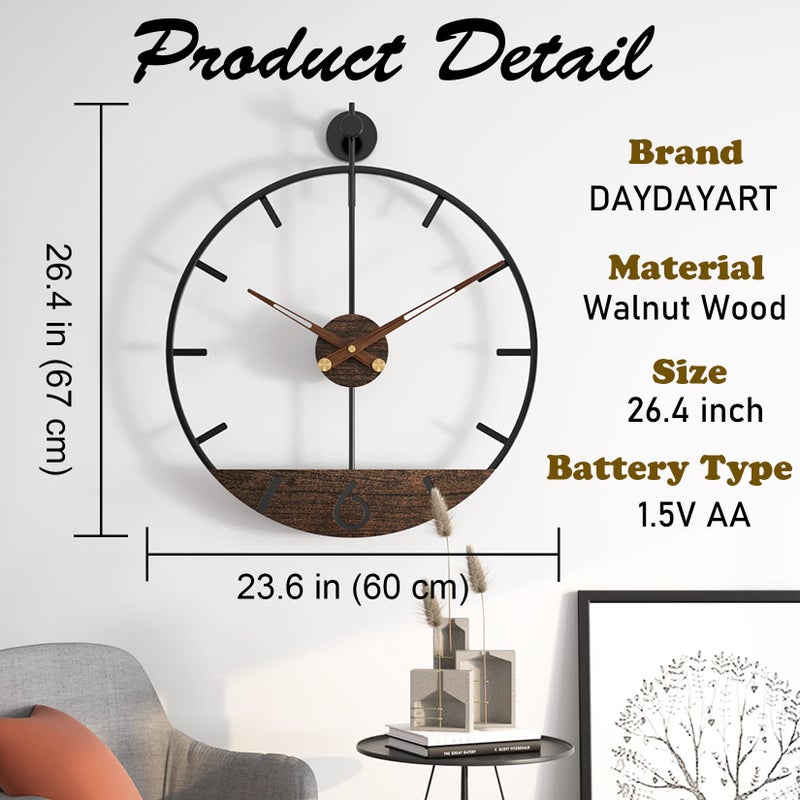 DAYDAYART Modern Wood Walnut Dial Wall Clock, Large Simple Wall Decor Metal Frame Silent Non Ticking Clock for Living Room Decor, Kitchen, Bedroom, Study Decoration, Handmade Home Gift Idea, 26.4 in - Image 3