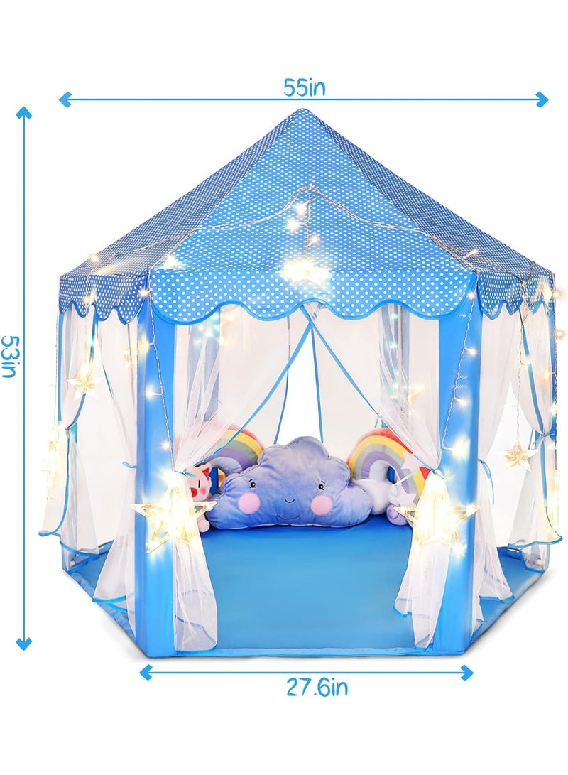 DubaiGallery Kids Fantasy Play Tent Blue Princess Castle with Flowing Curtains Twinkle Lights Cozy Floor Mat Encourages Creative Play Reading Relaxing Space Toddlers Children Indoor Bedroom Playroom Gift Idea Fun Time - Image 2