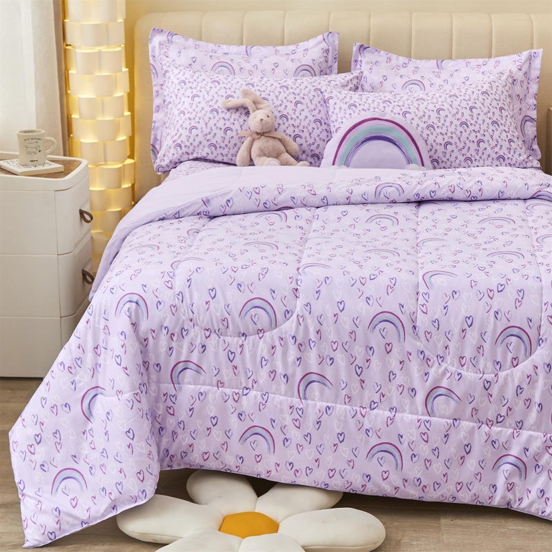 Mooreeke Twin Size Comforter Sets for Girls Kids, 6 Pieces Bed in a Bag Purple Love Rainbow Bedding Comforter Sheet Set with Shams and Decorative Toy Pillow, Ultral Soft Microfiber Kids Bed Set - Image 1