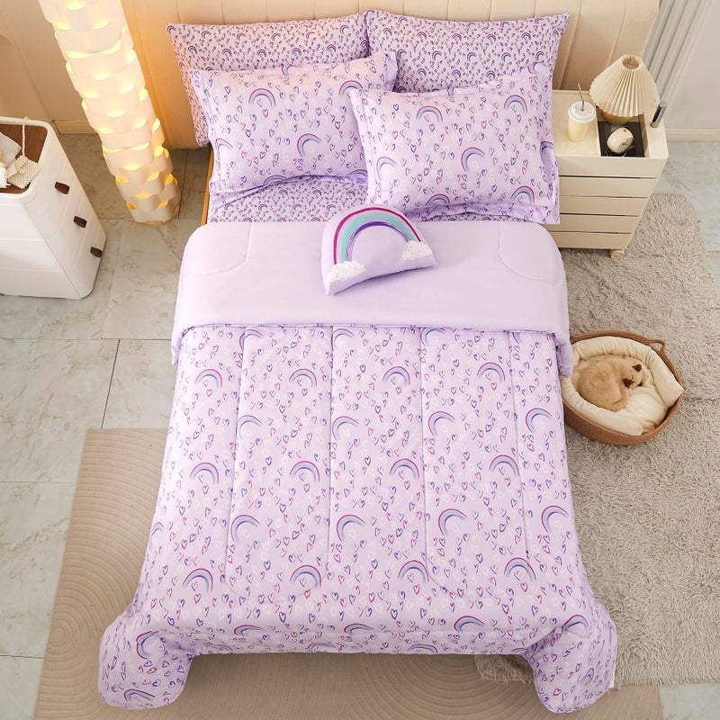Mooreeke Twin Size Comforter Sets for Girls Kids, 6 Pieces Bed in a Bag Purple Love Rainbow Bedding Comforter Sheet Set with Shams and Decorative Toy Pillow, Ultral Soft Microfiber Kids Bed Set - Image 2