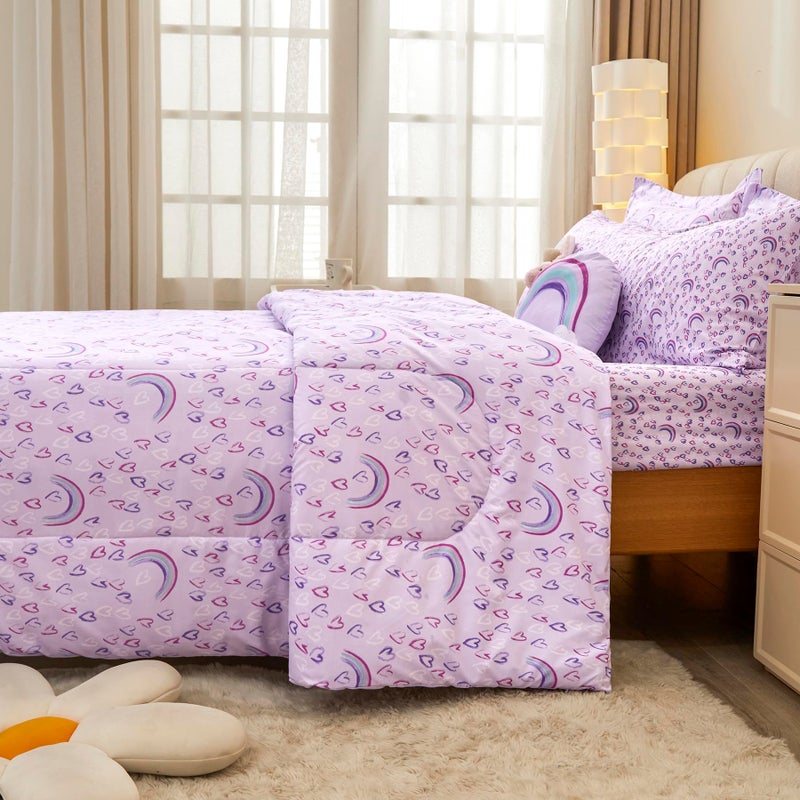 Mooreeke Twin Size Comforter Sets for Girls Kids, 6 Pieces Bed in a Bag Purple Love Rainbow Bedding Comforter Sheet Set with Shams and Decorative Toy Pillow, Ultral Soft Microfiber Kids Bed Set - Image 3