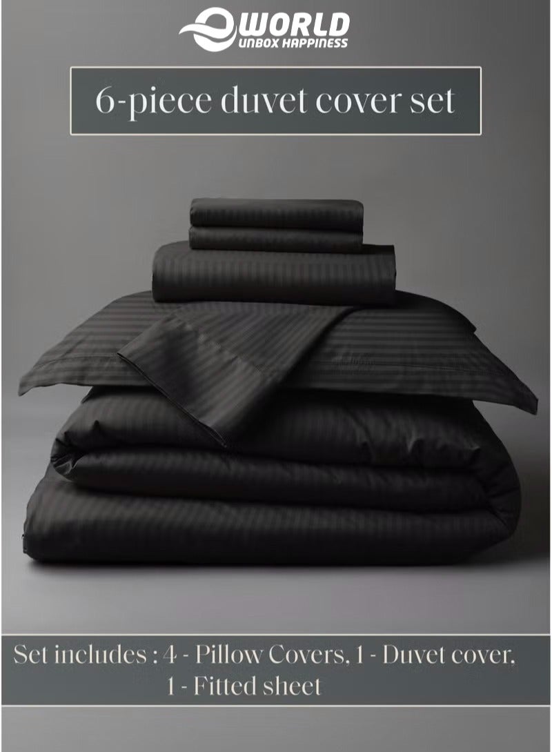 إي وورلد طقم لحاف مخطط فاخر لجميع المواسم – طقم مكون من 6 قطع باللون الأسود | مقاس كينغ 220×240 سم | فائق النعومة، مقاوم للتجاعيد وصُنع في دبي | يشمل غطاء لحاف، ملاءة مطاطية (200×200 سم) و4 أغطية وسائد (50×70 سم) - Image 4
