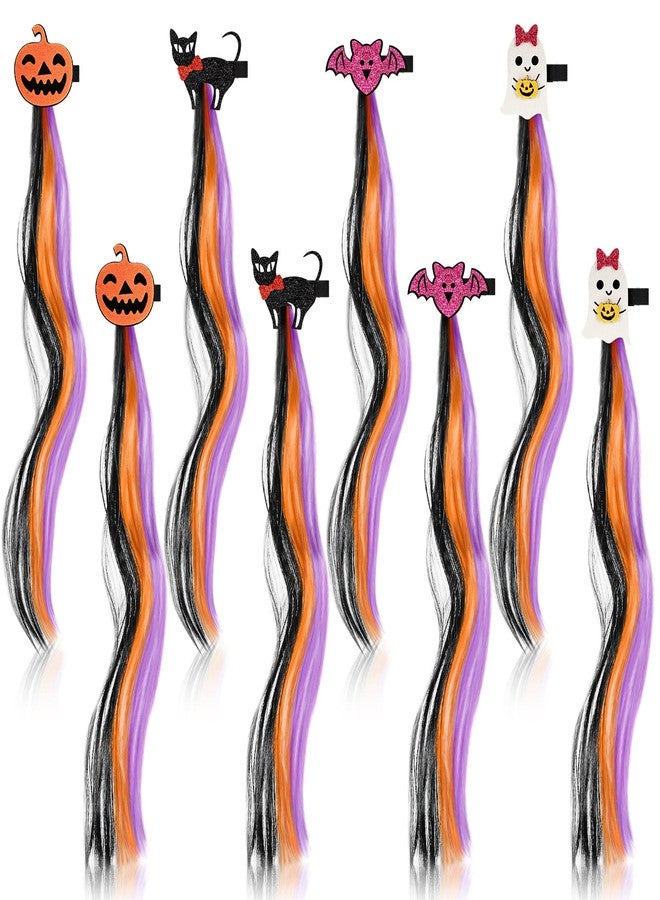 Juinte 8 Pieces Halloween Hair Clips for Girls Hair Extensions for Kids Cute Colored Ghost Pumpkin Bat Clip in Ponytail Hair Extensions Clips Toddler Girl Hair Accessories Hair Barrettes for Girls, 4 Styles - Image 1