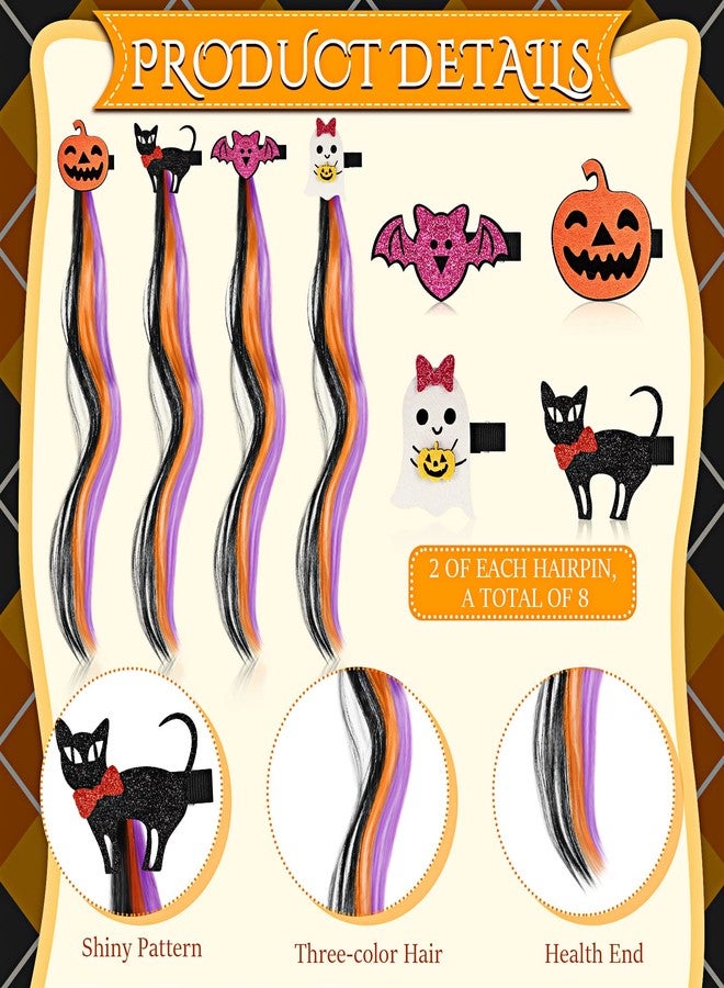 Juinte 8 Pieces Halloween Hair Clips for Girls Hair Extensions for Kids Cute Colored Ghost Pumpkin Bat Clip in Ponytail Hair Extensions Clips Toddler Girl Hair Accessories Hair Barrettes for Girls, 4 Styles - Image 3