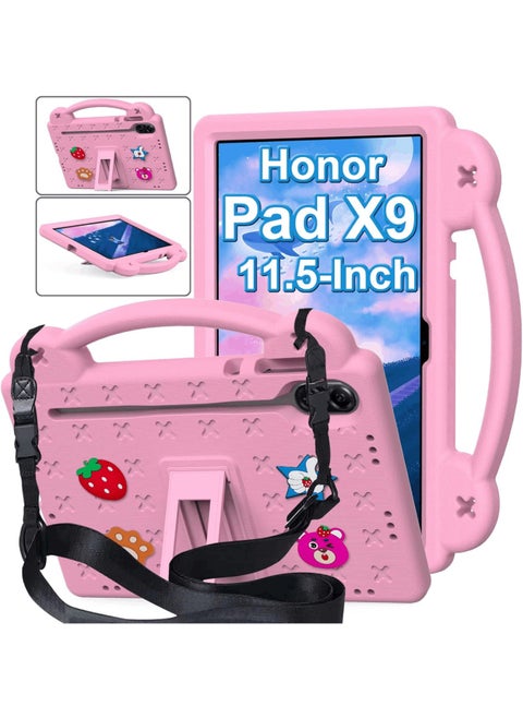 Kid Case Compatible with Honor Pad X9 11.5 Inch, DIY Accessories for Kids, Shockproof Case with Pencil Holder, Shoulder Strap and Handle Stand (Pink)