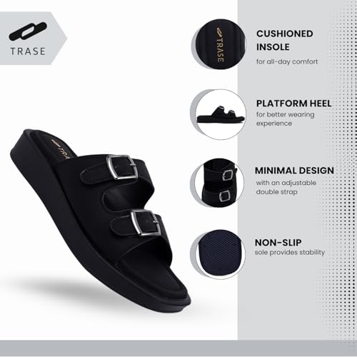 TRASE Sandals For Women | Slippers For Women | Sliders For Woman | Cushioned, Lightweight | Adjustable Strap | Comfortable | Casual Office Footwear (Black, 6 Uk) - Image 2