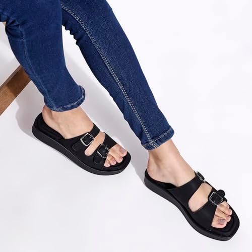 TRASE Sandals For Women | Slippers For Women | Sliders For Woman | Cushioned, Lightweight | Adjustable Strap | Comfortable | Casual Office Footwear (Black, 6 Uk) - Image 3