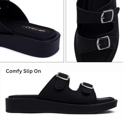 TRASE Sandals For Women | Slippers For Women | Sliders For Woman | Cushioned, Lightweight | Adjustable Strap | Comfortable | Casual Office Footwear (Black, 6 Uk) - Image 4