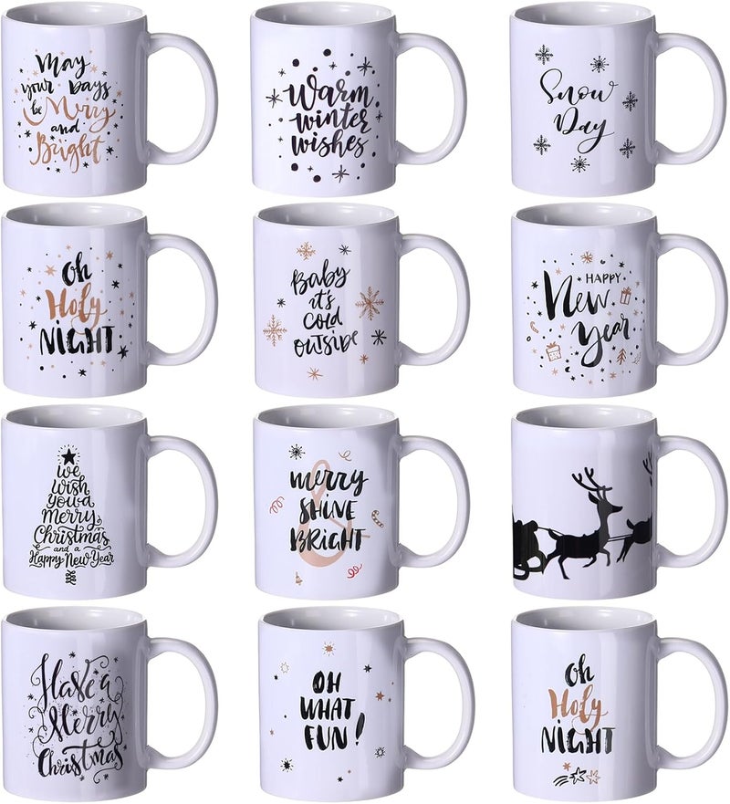 Uiifan Set of 12 Christmas Coffee Mugs 12 oz Ceramic Mugs Bulk Holiday White Coffee Mugs with Handle Decorative Christmas Gift for Family Friend Present Party Supplies 12 StylesElk - Image 1