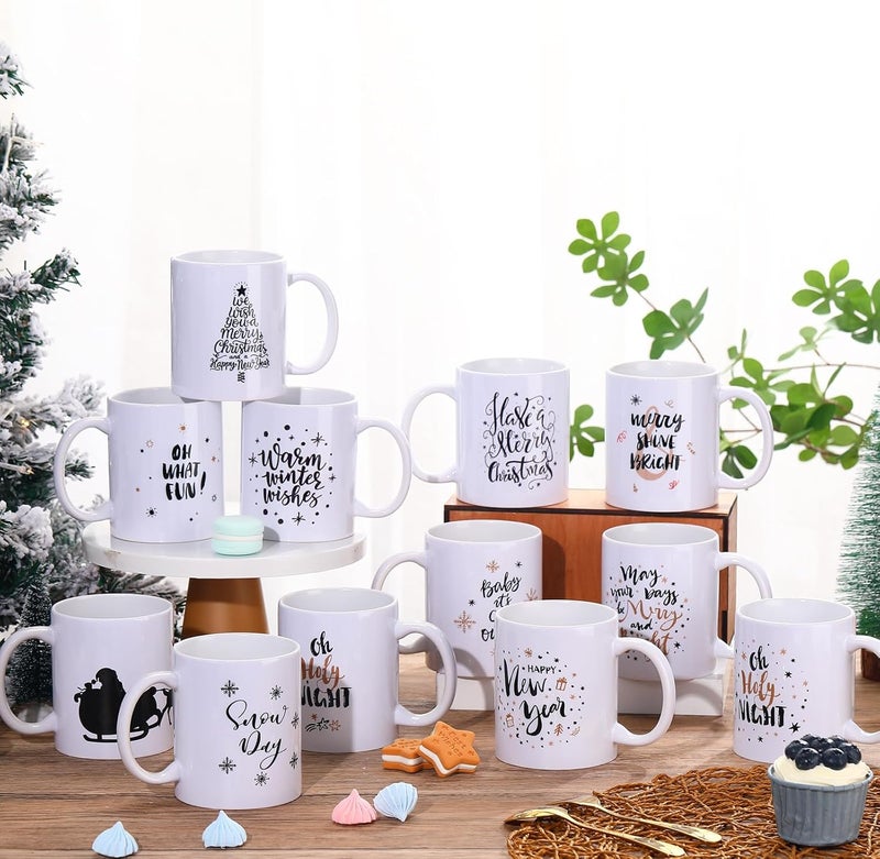 Uiifan Set of 12 Christmas Coffee Mugs 12 oz Ceramic Mugs Bulk Holiday White Coffee Mugs with Handle Decorative Christmas Gift for Family Friend Present Party Supplies 12 StylesElk - Image 3